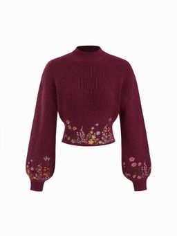 Cider - Knit High Neck Floral Embroidery Crop Top
