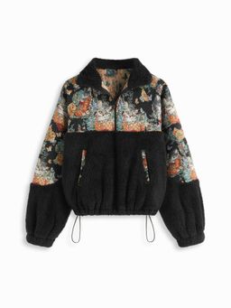 Cider - Printed Fleece Collar Floral Cat Knotted Sweatshirt