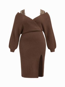 Cider - Curve & Plus Knitted V Neck Solid Split Lace Midi Dress