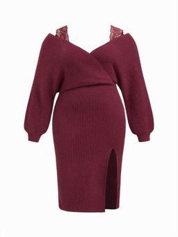 Cider - Curve & Plus Knitted V Neck Solid Split Lace Midi Dress