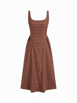 Cider - Square Neck Checks Pleated Zipper Maxi Dress