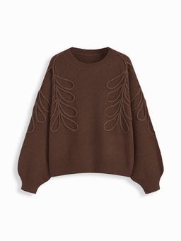 Cider - Knit Round Neckline Leaf Braid Oversized Sweater