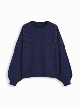Cider - Knit Round Neckline Leaf Braid Oversized Sweater