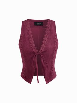 Cider - Suede V Neck Lace Trim Jacket