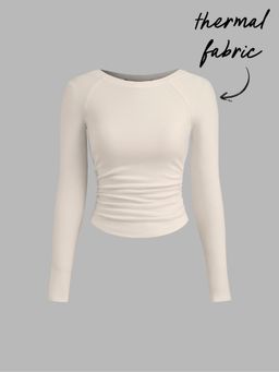 Cider - Thermal Cotton Blend Boat Neck Solid Ruched Long Sleeve Top