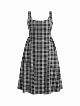 Cider - Curve & Plus Square Neck Checks Pleated Zipper Maxi Dress