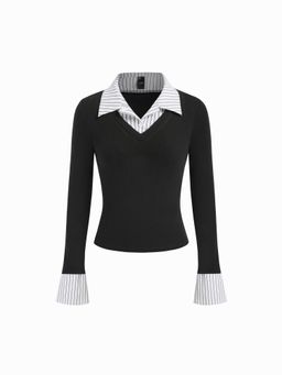 Cider - Black Cotton Blend Collar Stripes Two Tone Top