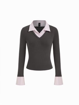 Cider - Grey Cotton Blend Collar Stripes Two Tone Top