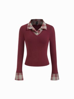 Cider - Maroon Cotton Blend Collar Stripes Two Tone Top