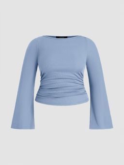 Cider - Blue Curve & Plus Boat Neck Solid Ruched Long Sleeve Top