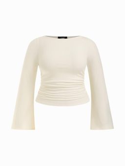 Cider - White Curve & Plus Boat Neck Solid Ruched Long Sleeve Top
