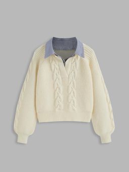 Cider - Cable Knit Collar Two Tone Long Sleeve Top