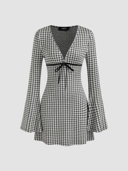 Cider - V-Neck Gingham Bowknot Mini Dress