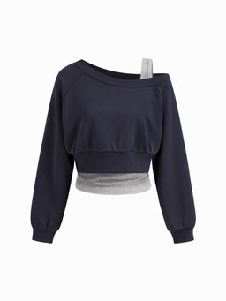 Cider - Terry Off Shoulder Cropped Oversized Sweatshirt & Ruched Tank Top
