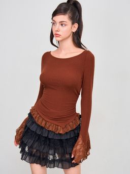Cider - Round Neckline Lace Trim Ruched Long Sleeve Top