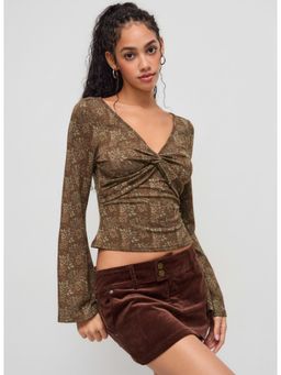 Cider - V Neck Floral Twist Long Sleeve Top