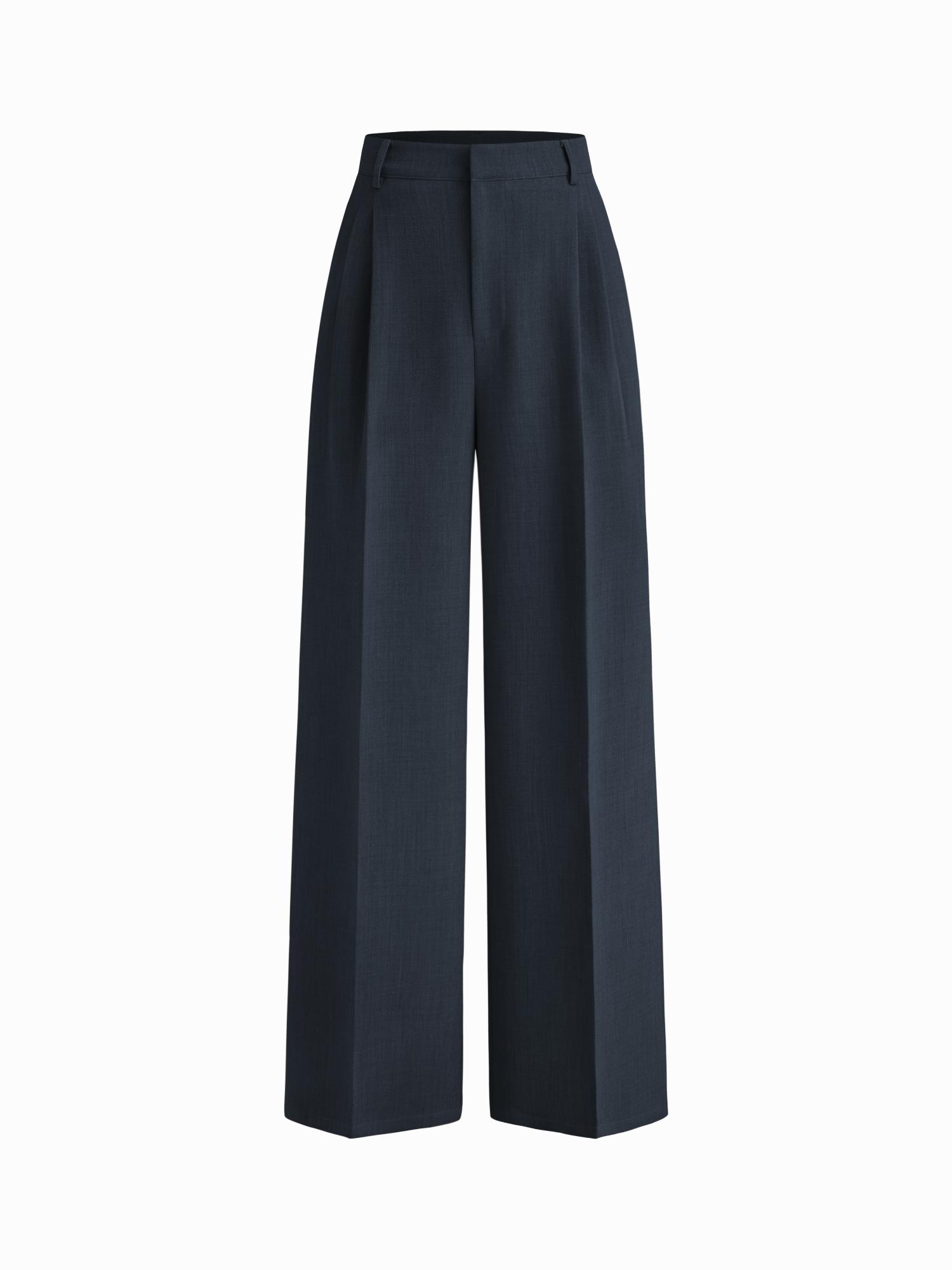 Navy Blue Mid Rise Pleated Wide Leg Trouser-image-3