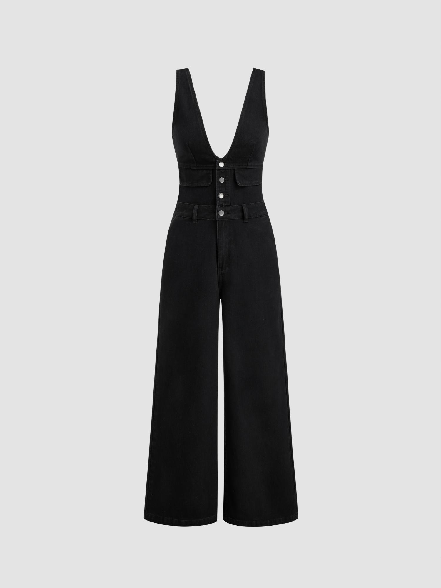 cider Black Denim V Neck Button Pocket Wide Leg Jumpsuit-picture-10