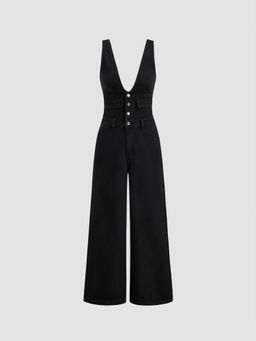 Cider - Black Denim V Neck Button Pocket Wide Leg Jumpsuit