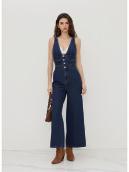 Cider - Navy Blue Denim V Neck Button Pocket Wide Leg Jumpsuit