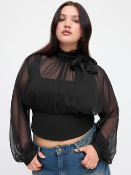 Cider - Curve & Plus High Neck Sheer Bowknot Crop Top