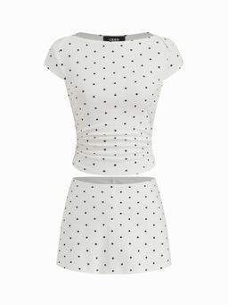 Cider - Cotton Blend Boat Neck Polka Dot Ruched T-Shirt & Mini Skort