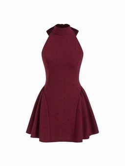 Cider - Halter Neckline Polka Dot Backless Ruffle Mini Dress