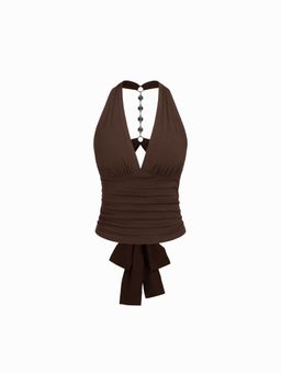 Cider - Halter V Neck Ruched Rhinestone Cut Out Tie Back Top