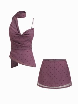 Cider - Purple Cowl Neck Ruched Polka Dot Cami Top with Scarf & Mid Rise Mini Skort