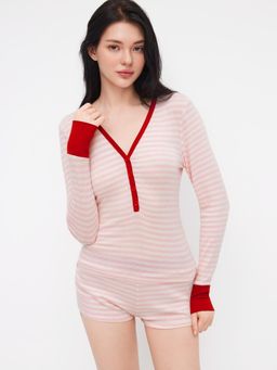 Cider - Loungewear V-Neck Stripes Contrasting Binding Long Sleeve Top & Mid Rise Shorts