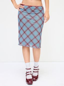 Cider - Blue Mesh Plaid Mid Rise Bowknot Midi Skirt