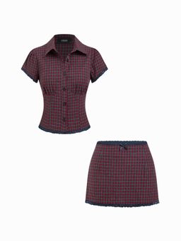 Cider - Maroon Cotton Plaid Collar Mid Rise Lace Trim Bowknot Shirt & Mini Skirt