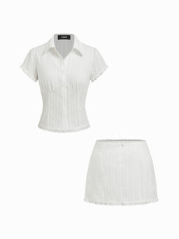 Cider - White Cotton Plaid Collar Short Sleeve Mid Rise Lace Trim Bowknot Shirt & Mini Skirt