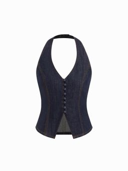 Cider - Denim Halter Neck Split Front Top