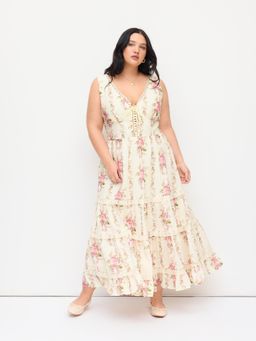 Cider - Curve & Plus V Neck Lace Trim Floral Lace Up Tiered Midi Dress