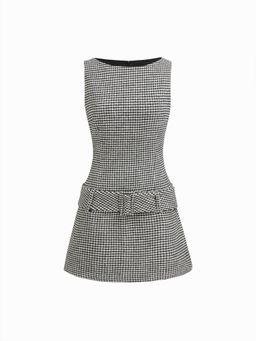 Cider - White Boat Neck Houndstooth Belted Belted Mini Dress