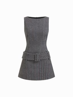 Cider - Grey Boat Neck Houndstooth Belted Belted Mini Dress