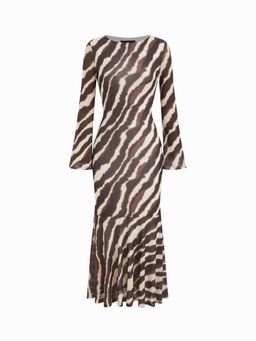 Cider - Zebra Stripes Boat Neck Long Sleeve Ruffle Hem Maxi Dress