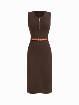 Cider - Knit U-Neckline Half Zip Belted Midi Dress