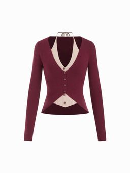 Cider - Knit Two Tone Halter Neckline Long Sleeve Button Top