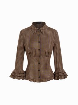 Cider - Cotton Plaid Collar Lettuce Trim Layered Sleeve Shirt