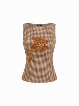 Cider - Tweed Floral Applique Checks Boat Neck Top