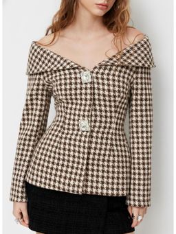 Cider - Tweed Houndstooth Collar Rhinestone Detail Cinched Waist Blazer