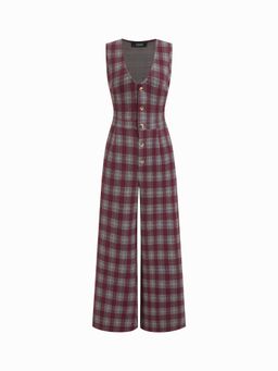 Cider - Checks V Neck Button Wide Leg Jumpsuit
