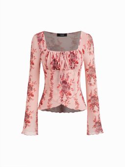 Cider - Mesh Square Neck Floral Lettuce Trim Drawstring Ruched Long Sleeve Top