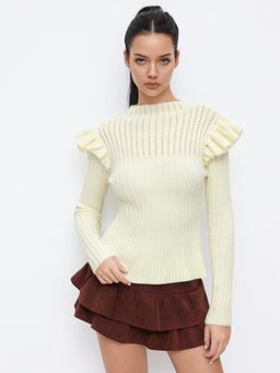 Cider - Knit High Neck Long Sleeve Ruffle Trim Top