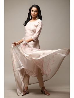 Biba - Beige Chanderi Unstitched Suit (Set of 3)