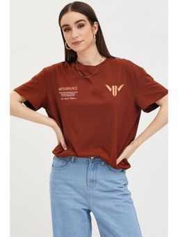 MISCHIEF MONKEY - Women Dark Brown Typography Round Neck T-shirt