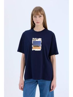 MISCHIEF MONKEY - Women Navy Blue Graphic Printed Round Neck T-shirt