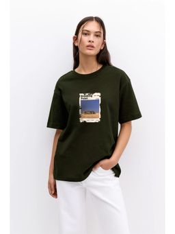 MISCHIEF MONKEY - Women Olive Graphic Printed Round Neck T-shirt